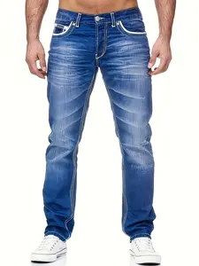 Men's Vintage Washed Straight Leg Jeans with Slant Pockets and Button Fly Closure, Suitable for All Seasons