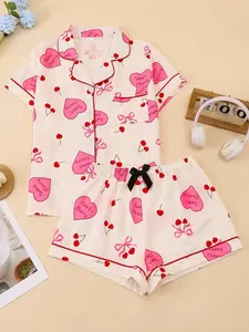 Women's Cute Heart Pattern Print Short Sleeve Pajamas Set Pyjamas, Casual Comfort Bow Cherry Design Lapel Pocket Shirt & Pants Sleepwear Suit Homewear Pjs