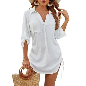 Womens Bathing Suit Cover Ups Bikini Swimsuit Coverup Drawstring Beach Dress Shirt