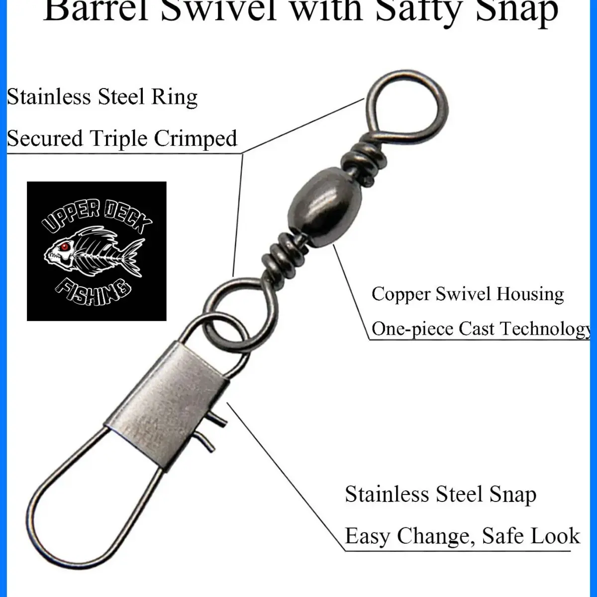 Barrel Swivel with Stainless Steel Snap, Stainless Steel Ring, Easy Change, Safe Look, One-Piece Cast Technology, 10 Pack