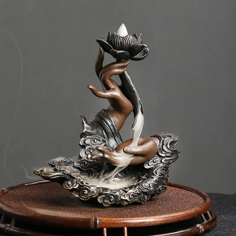 1pc MiniDeal Handmade Resin Backflow Incense Burner - as75 Only Burner, Lotus Buddha Hand Waterfall Design, Smoke Retention, Airflow Artistry, Relaxation Tool, Fragrance Scented Home Decor Statue