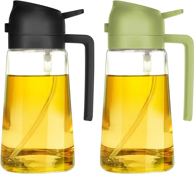 2-in-1 Olive Oil Dispenser and Sprayer for Kitchen, 16oz Premium Glass Oil Bottle for Cooking, Air Fryer, Salad, Grilling, Barbecue Utensils, Food-Gra