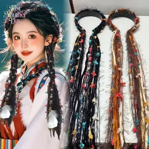 Ethnic Style Braided Hairband with Synthetic Braids, Retro Bohemian Headband with Decorative Flowers & Feathers, Tibetan-Inspired Headpiece for Women