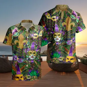 Mardi Gras Hawaiian Shirt Men Women Mask Beads Print Purple Gold Green Summer Beach Casual Streetwear Festival Party Vacation Sport Fan Gift Loose Fit Comfortable Cool