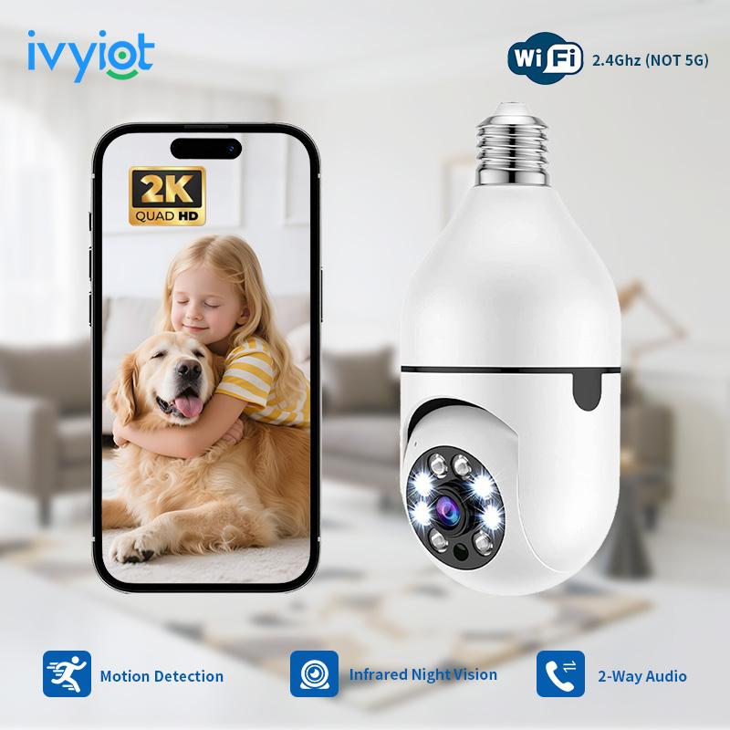 Ivyiot 2PCS 2K Light Bulb Camera Home Supermarket Security Camera 360° Panoramic View WiFi Camera with Two-Way Audio for Baby and Pet Store Surveillance, Universal E27 Socket Design