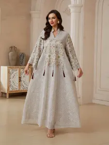 Elegant Middle Eastern Style Women's Jalabiya Dress, V-Neck Beaded Fringe Shimmer Embroidery, Arabic Clothing for Festivals and Daily Wear Womenswear