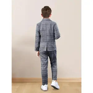 [Plaid |   Handsome] 2-Piece Boys Plaid Suit Set |   Polyester Blend, Lapel Collar, Slight Stretch, Regular Sleeve, Woven |   Spring/Fall Formal Host Performance Handsome Korean Style Birthday Pageboy Outfit, Over 3 Years Old