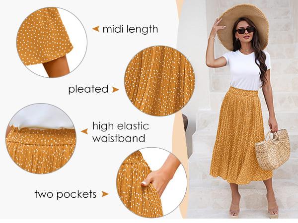 Zeagoo Women's Midi Skirts High Waisted Pleated A-Line Swing Skirts Summer Floral Long Skirts with Pockets