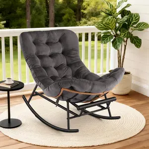 Oversized Papasan Rocking Chair Footstool Set – Thick Cushion, Durable Metal Frame, PE Rattan Lounge for Patio, Porch, Garden, Lawn, Living Room