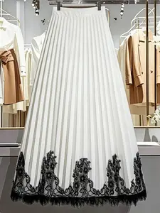 Women's Elegant Chic Midi Skirt, High Waist Lace Patchwork Design, Loose-Fitting Elastic Waist, Suitable for Casual & Formal Occasions