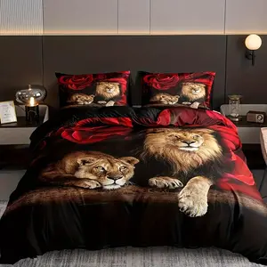 Lion & Rose Print Duvet Cover Set, 3 Counts/set Including 1 Duvet Cover & 2 Pillowcase without Filler, Soft Comfortable Bedding Set for Home Bedroom