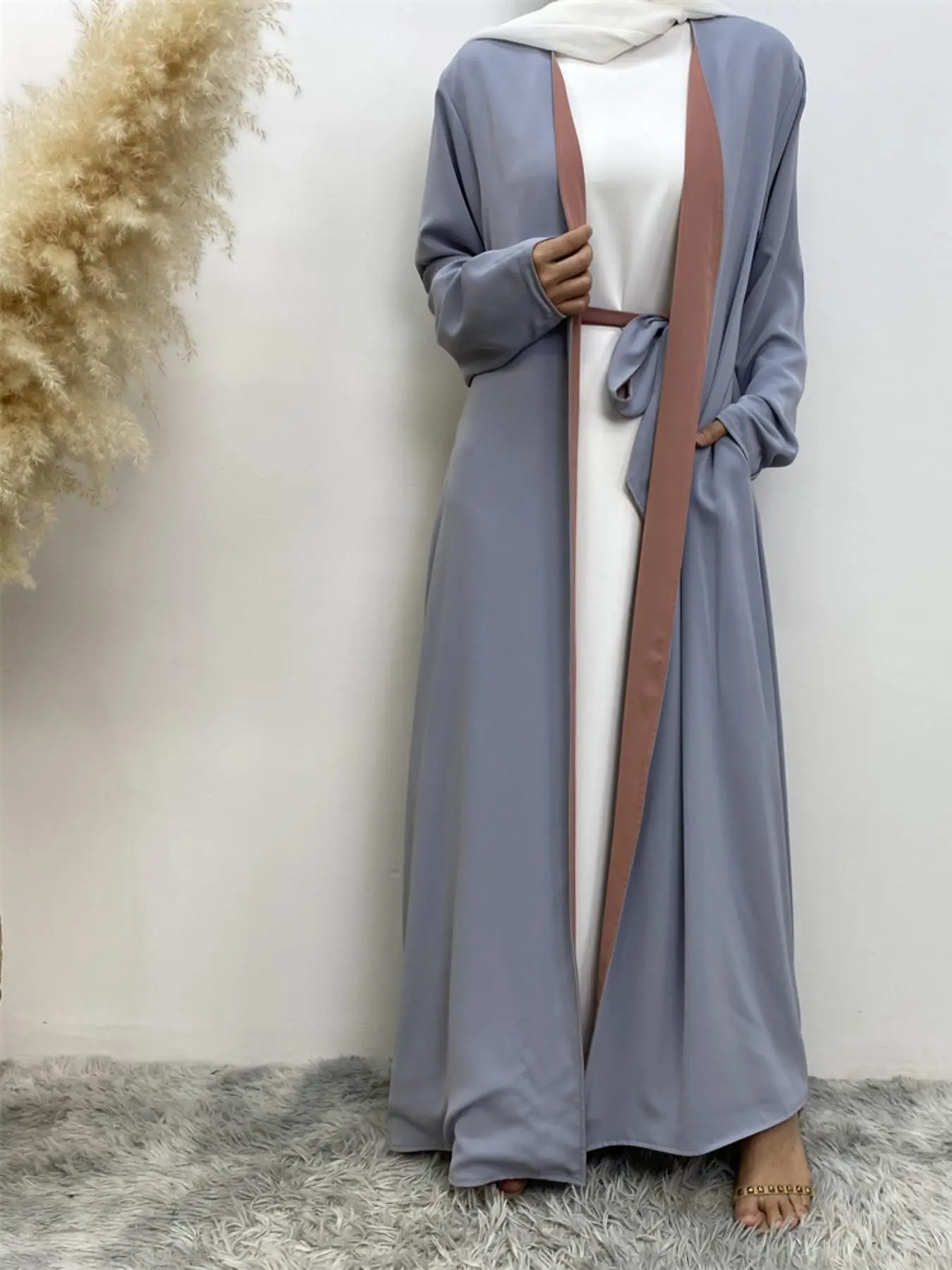 Arabic Clothing-Solid Reversible Abaya without Hijab, Modest Belted Pocket Open Front Outerwear for Spring & Fall, Comfy Ladies Clothes for Daily Wear