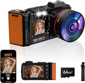 8K Digital Camera for Photography, 92MP WiFi Vlogging Camera for Front and Rear Screen, 18X Digital Zoom, Point and Shoot Camera for YouTube with 64GB SD Card (8K Black)