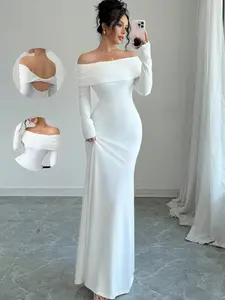 Elegant Women's Long Sleeve Knit Double Layered Dress with Waist Belt, Layered Shoulder Cutout, Backless Hollow Out Fish Tail Hem