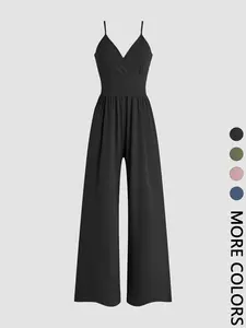 Women's Solid Plicated Ribbed Wide Leg Cami Jumpsuit, Summer Outfits 2024, Casual Sleeveless Spaghetti Strap High Waist Jumpsuit for Daily Wear, Womenswear