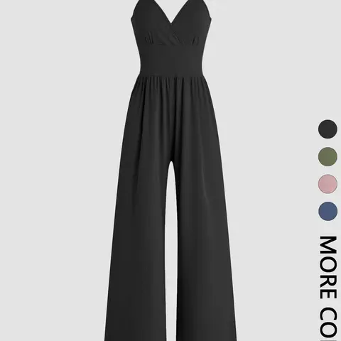 Women's Solid Plicated Ribbed Fitted Wide Leg Cami Jumpsuit, Summer Outfits 2024, Casual Sleeveless Spaghetti Strap High Waist Pleated Jumpsuit for Daily Wear, Casual Fashion Jumpsuit, Womenswear
