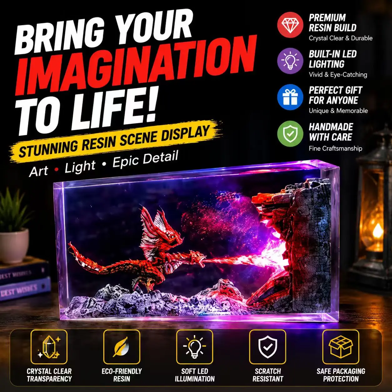 Fire Dragon Resin LED Lamp, Fantasy Dragon Night Light for Gaming Room Desk Decor, Unique Gift for Gamers & Fantasy Lovers