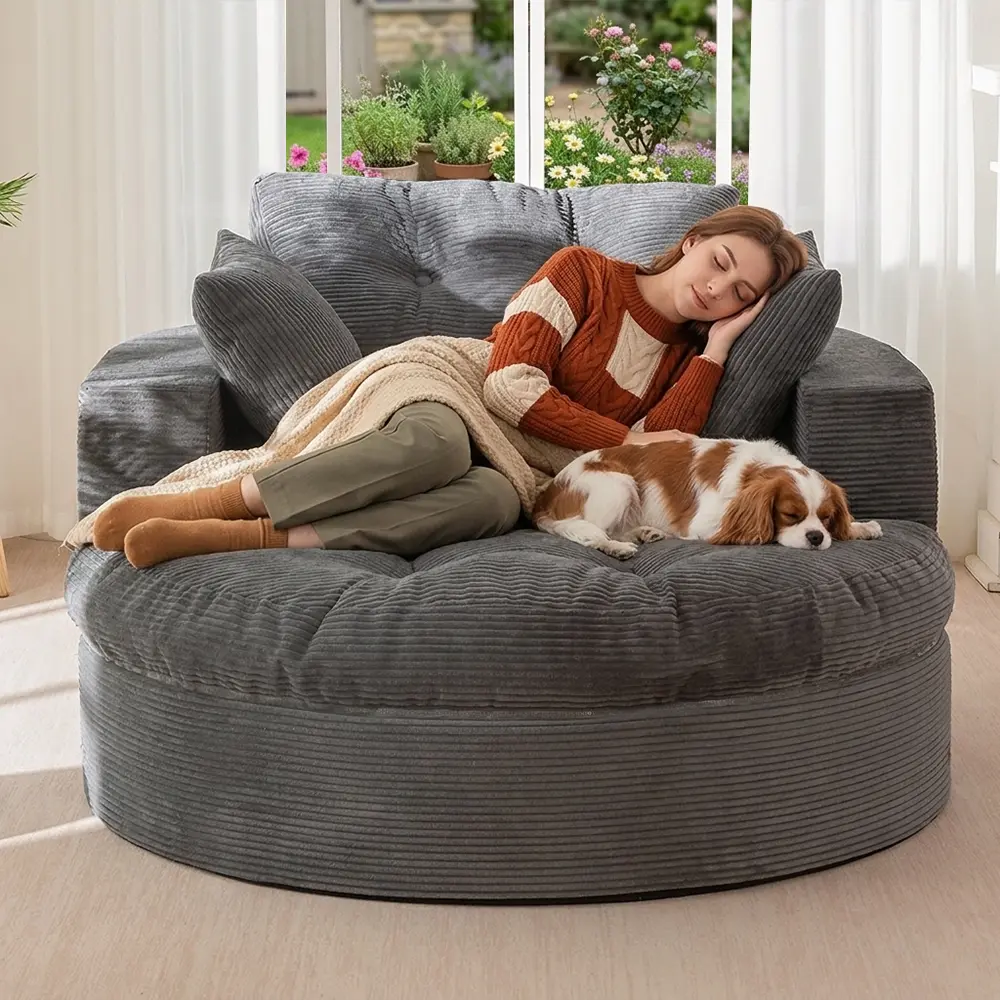 MAXYOYO Oversized Round Chaise Lounge Sofa, Upholstered Lounge Chair with 3 Pillows, Boneless Sofa Couch with Ottoman, Deep Seat Sleeper Chair for Living Room, Bedroom, No Assembly| Cloud Sofa | Compressed Sofa | summervibe | Living Room | deals for you