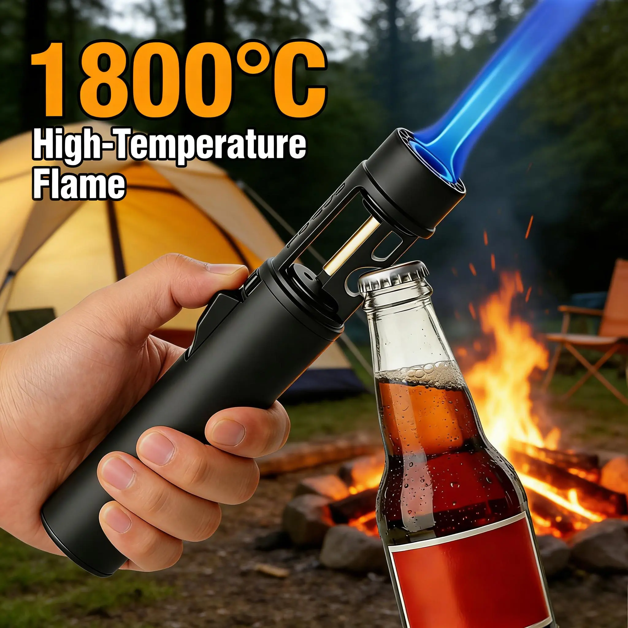 Windproof Heavy-Duty Metal Torch Lighter (Butane Not Included) Refillable Butane with Blue Flame, Features Adjustable Control And 360° Ignition, Dual-Purpose Bottle Opener, Suitable for Camping And Barbecuing (Butane Gas Not Included), Without Battery