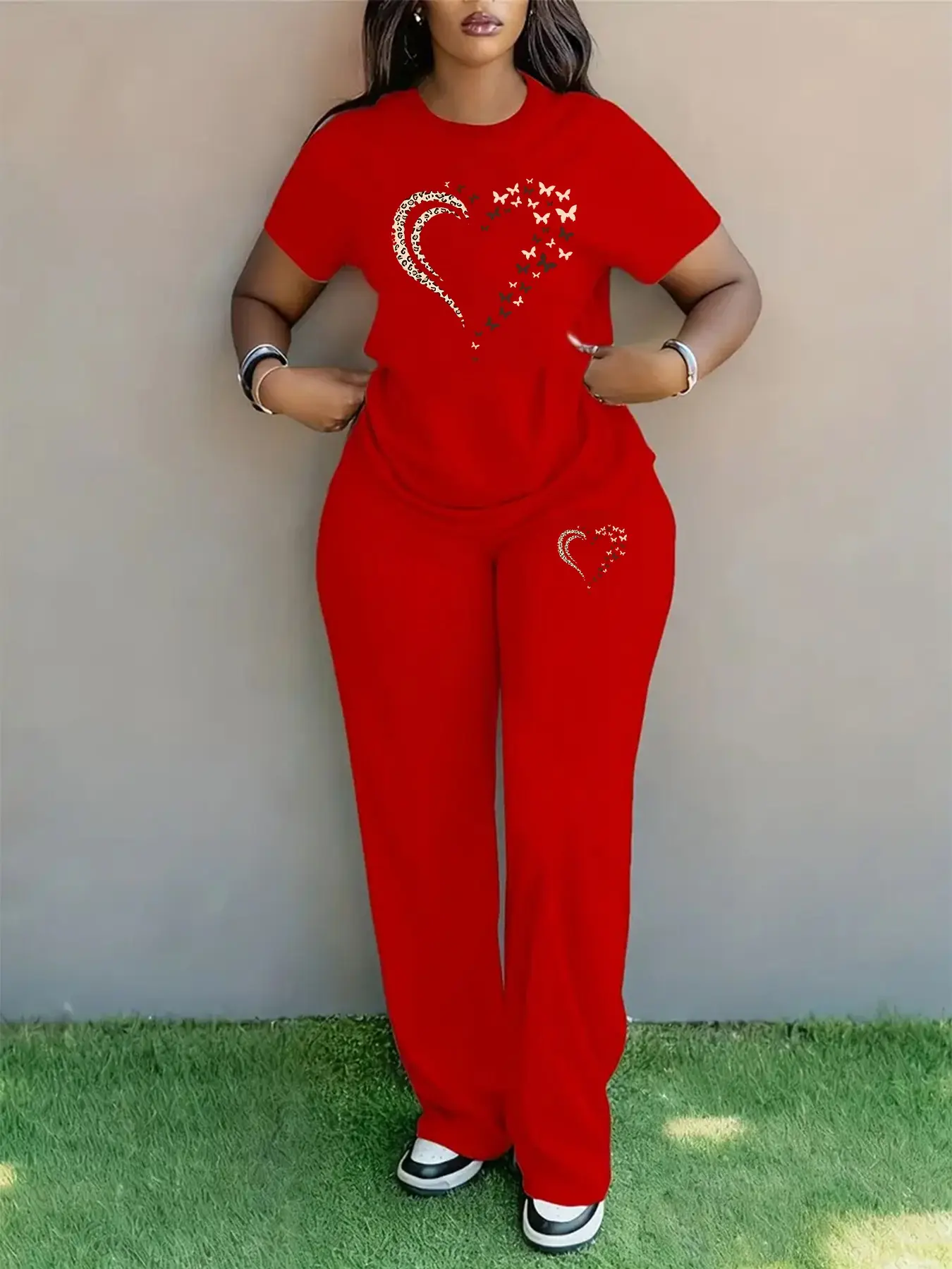 Women's Valentine's Day Leopard Heart Butterfly Print Two-Piece Set, Fitted Casual Short Sleeve Top & Wide Leg Pants, All Seasons Fashion Aesthetics Womenswear Outfit Clothes