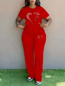 Women's Valentine's Day Leopard Heart Butterfly Print Two-Piece Set, Fitted Casual Short Sleeve Top & Wide Leg Pants, All Seasons Fashion