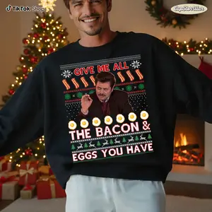 Give Me All The Bacon and Eggs You Have Ugly Christmas Sweatshirt Hoodie, Funny Ron Swanson Holiday Sweater, Parks and Rec Christmas Crewneck, Soft Cotton Blend Gift