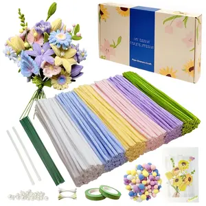 500 count Pipe Cleaner Flower kit with tutoria,Pipe Cleaners Craft(6 Colors),Chenille Stems  Craft kit with 20 count Green Floral Wires,Gardening Tape,Stamen(2 Colors), Beads,pompoms