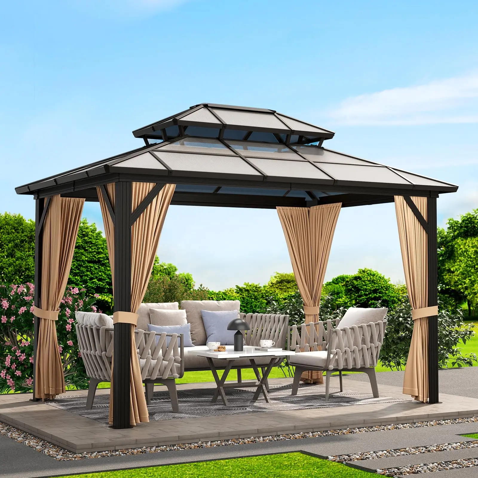 Permanent Aluminum Hardtop Gazebo (10x12/13ft), Double-Layer Roof Sun Protection Shelter with Polycarbonate All-Weather Cover, Privacy Curtains, Full Mosquito Netting, Sturdy Assembly-Required Patio Backyard Structure for Hot Tub, Dining
