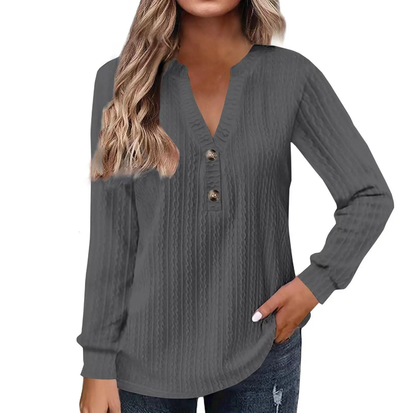 Women’s Classic V-Neck Knit Button Blouse – Soft Textured Long Sleeve Top for Autumn & Winter