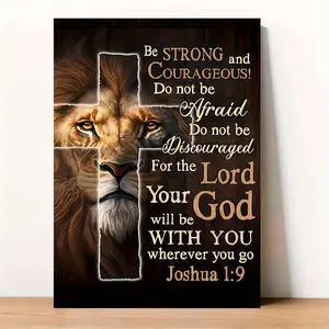 Aesthetic Christian Cross Lion Framed Canvas Wall Art for Bedroom Home Office Inspirational Joshua 1:9 Quote Bible Verse Decor Ready to Hang