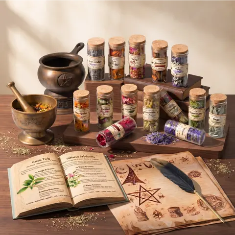 30-Piece Basic Nature Herbal Botanical Apothecary Kit - Glass Vial Collection with Starter Tools, Bay Leaf, Lemongrass, Lavender, Jasmine, Hyssop for Beginner Witches, Floral DIY Craft Gifts, Birthday Favors