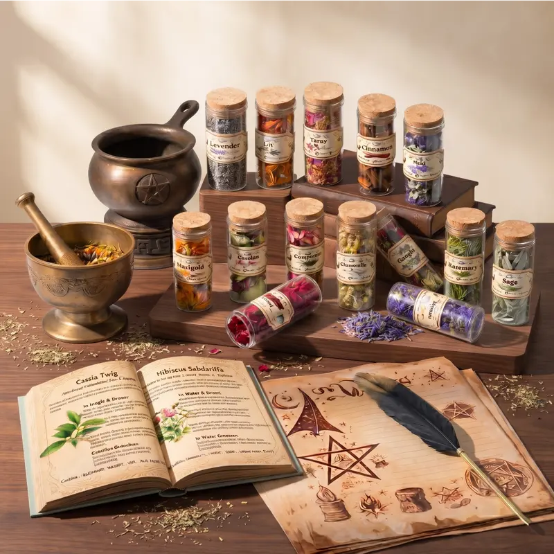 30-Piece Basic Nature Herbal Botanical Apothecary Kit - Glass Vial Collection with Starter Tools, Bay Leaf, Lemongrass, Lavender, Jasmine, Hyssop for Beginner Witches, Floral DIY Craft Gifts, Birthday Favors