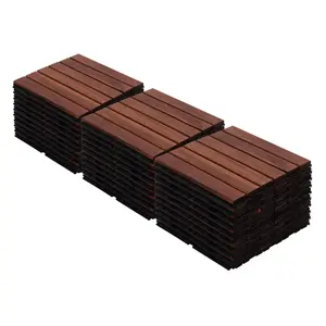 Interlocking Deck Tiles Striped Pattern, 12" x 12" Square Acacia Hardwood Outdoor Flooring for Patio, Bancony, Pool Side