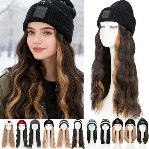 18inch Beanie Hat with Wavy Hair Attached for Women Synthetic Fiber Knitted Wig Winter Warm Hat Hair Extensions Christmas
