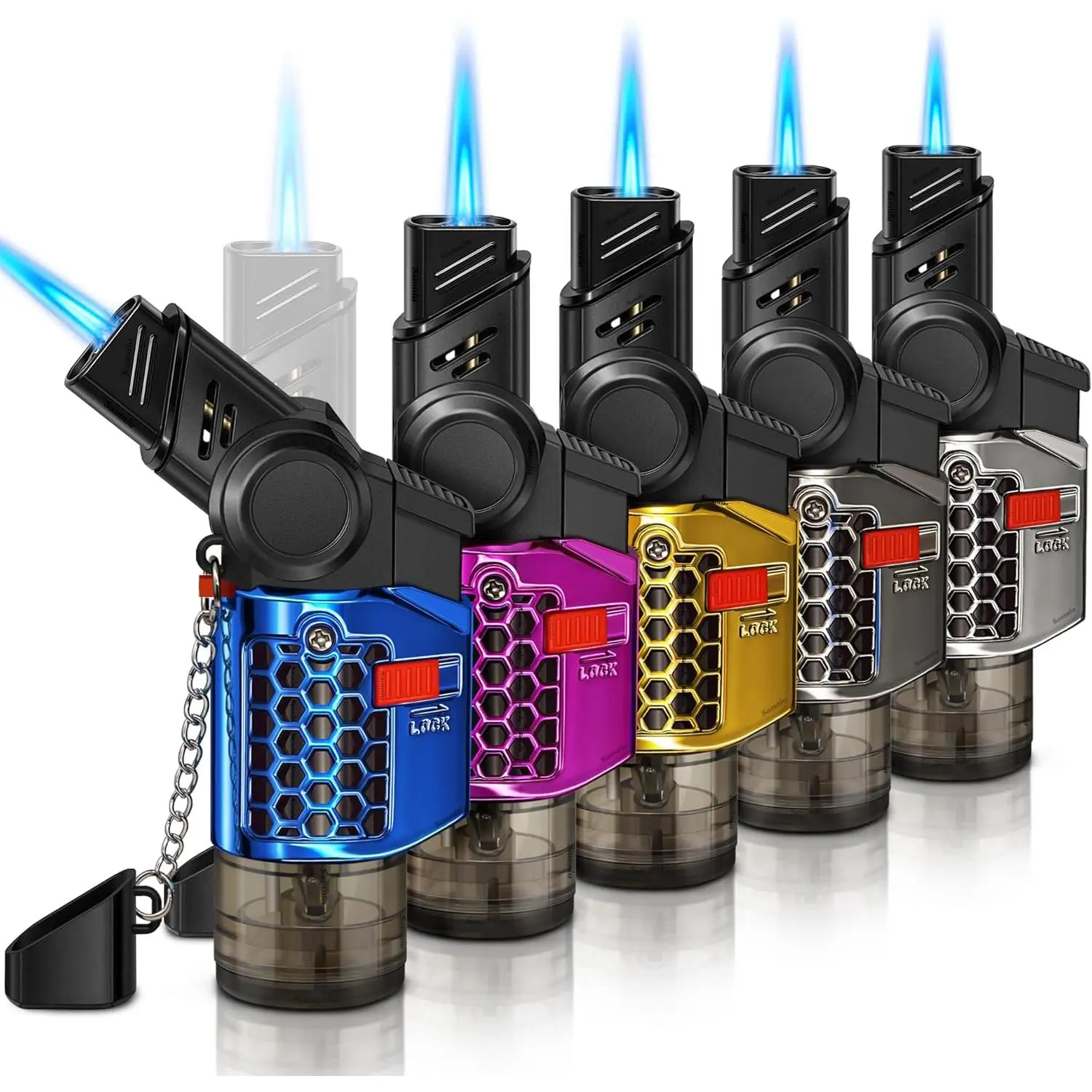 Samniu 5-Pack Metal Body Single Jet Flame Lighters, 30°-45° Rotatable, Lock for Safety, Butane Gas Refillable Mini Home Supplies (No Butane Gas Included) for Candle Lighting, Kitchen Grills, Five Pack