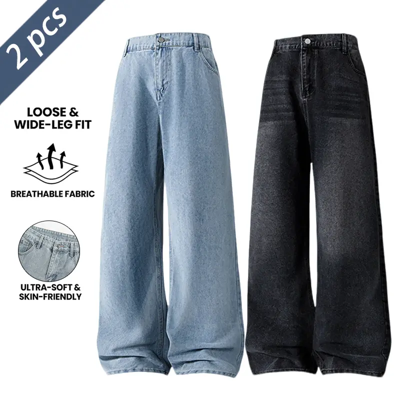Men’s straight-leg casual jeans, American street style, solid color wash process, wear-resistant, comfortable, breathable, versatile for everyday outfits; long pants with pockets, streetwear apparel, solid-color menswear.