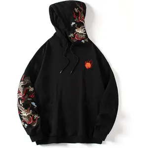 Streetwear Men's Dragon Embroidered Heavyweight Graphic Hoodies Japanese Techwear baggy Anime Hoodie