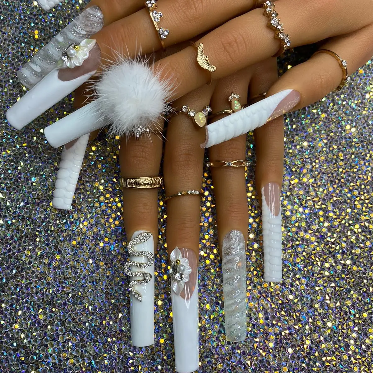 Pressed by Nae Elegant n’ Classy White French Tip 3D Croc & Bling Press-on Nails | Luxury, Shiny, Smooth, & Strong XXL Nails