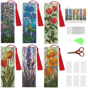 6 Pcs Cross Stitch Bookmark Kit for Adult Beginners,Broken Glass Flowers Cross Stitch Kits 14 CT DIY Cross Stitch Kits Adult Stamped Bookmark Embroidery Bookmarks Kit
