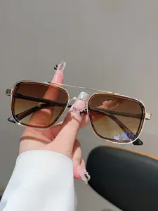 Elegant New Square Frame Fashion Sunglasses, Trendy Gradient Lenses, Simple Dual Beam Design, Vintage Style, Casual Accessory