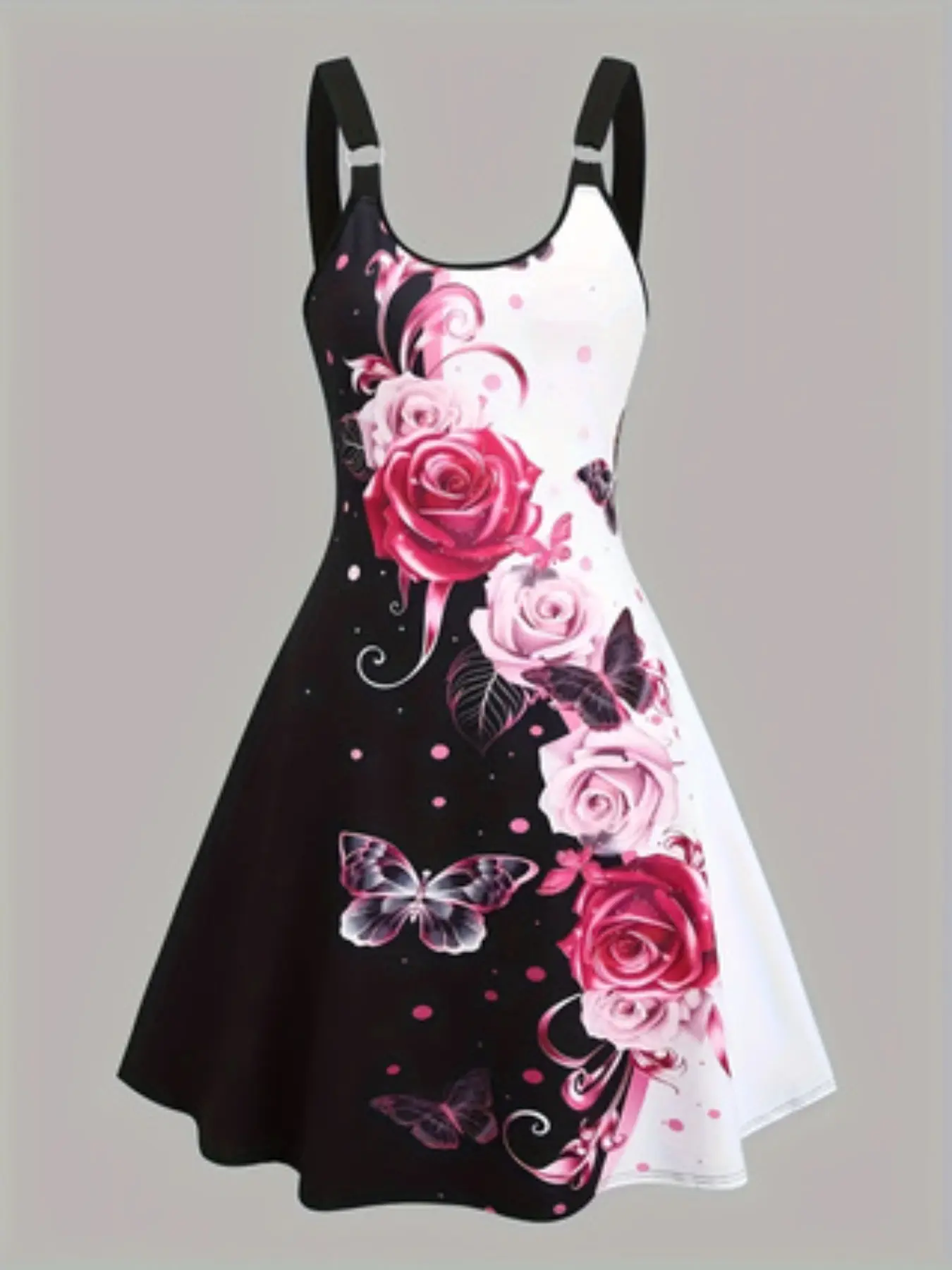 Elegant Butterfly Floral Print Halter Party Dress with Ring Detail, Round Neck Design, Stylish Chic Women's Fashion, Perfect for Special Occasions, Chic Formal Dresses, Womenswear