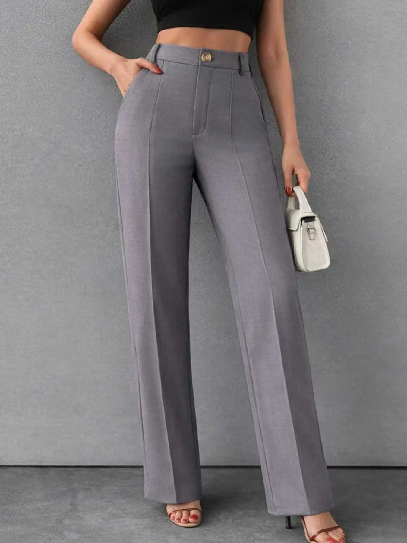 Plus-size women's solid-color straight-leg casual pants, with a front-button design creating a relaxed, stylish, Minimalist and Aesthetic look, suitable for any occasion, Womenswear, Casual Slacks, Button Front Trousers, Casual Style Bottoms