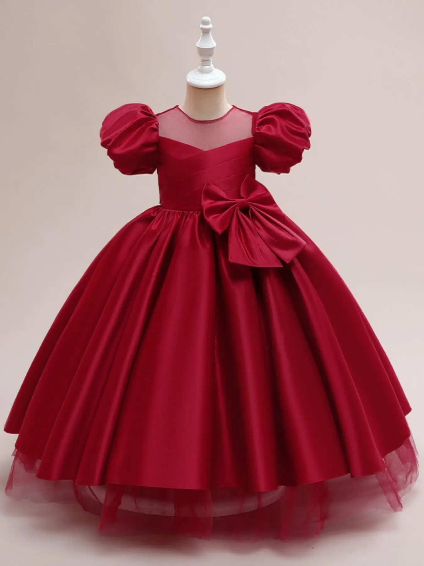 Girl's Bow Decor Satin Party Dress, Elegant Short Sleeve Dress for Party Performance Wedding Guest, Kids Clothes for All Seasons