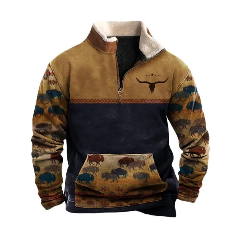 Men's Aztec Graphic Pullover Half-Zip Sweatshirt with Front Pocket - Sweaters, Menswear Men's Aztec Graphic Pullover Half-Zip Sweatshirt with Front Pocket - Sweaters, Menswear