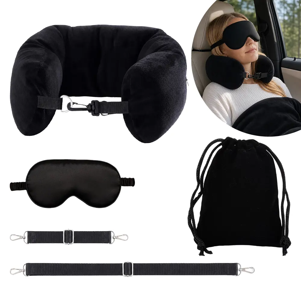 1Set Packable Stuffable Travel Neck Pillow Set with Sleep Mask, Soft Velvet Cover, Zipper Closure, and Luggage-Saving Clothes Storage Bag (Travel Use Accessories)