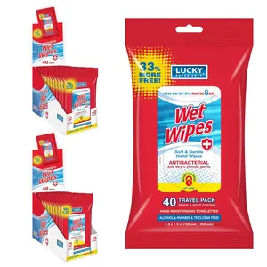 Lucky Super Soft Antibacterial Wet Wipes, Alcohol free, Hand Moisturizing Towelettes ( 12 Pack ) Cleaning Sheets