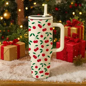1 PC, 40 OZ, stainless steel insulated Quencher Tumbler with cherry pattern, designed with handle and straw, double-layer insulation, long-lasting heat and cold retention, creative and fun Vacuum Insulated Cup, suitable for home, office, and travel use