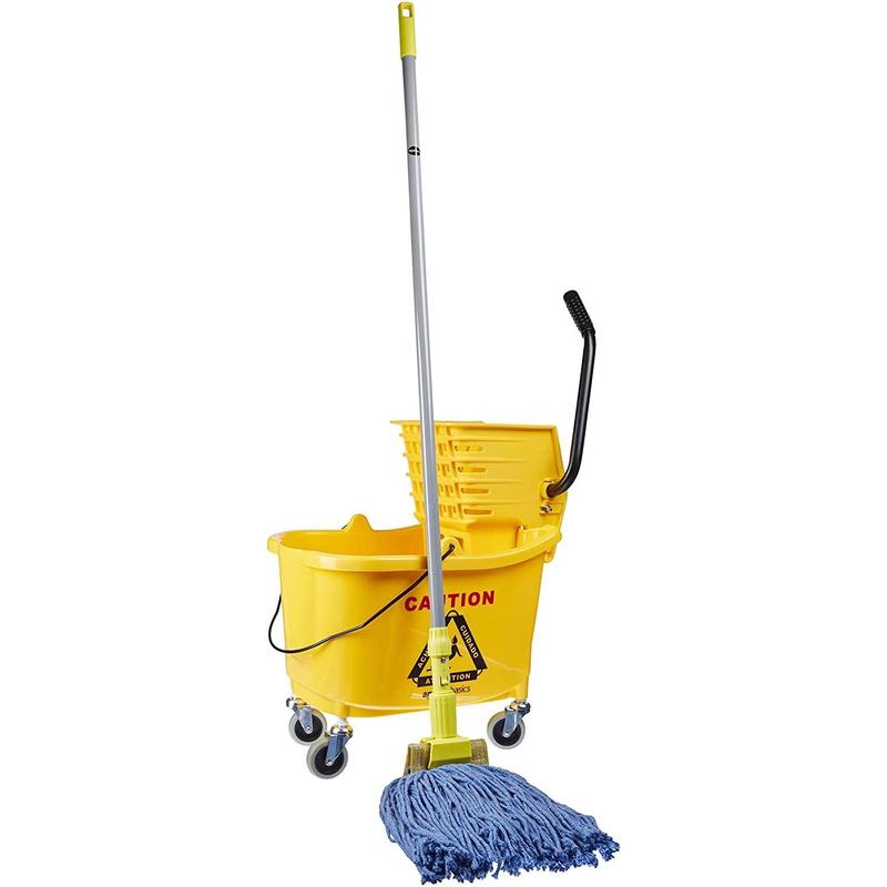 Side Press Wringer Combo Commercial Floor Cleaning Rectangular Mop Bucket on Wheels, 35-Quart, Yellow