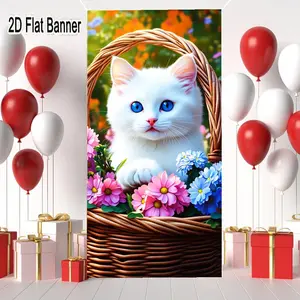 2D flat banner, 1pcFluffy White Kitten with Blue Eyes & Pink Nose in Woven Basket, Colorful Garden Backdrop for Whimsical Pet Photography Propgalentines party decor, valentine day decor, decorations for valentines day