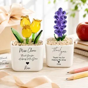 Personalized Teacher Flower Pot Custom Name Thank You For Helping Me Grow Glass Flower Planter 5 Flower Styles Mini Desk Decor Teachers Day Gift Back To School Gift Teacher Appreciation Gift For Teacher Classroom Office Decor